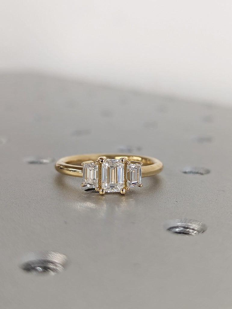 Three Stone Emerald Cut Moissanite Engagement Ring, Side Trapezoid Moissanite, Three Stone Engagement Ring, Emerald Cut and trapezoid Cut