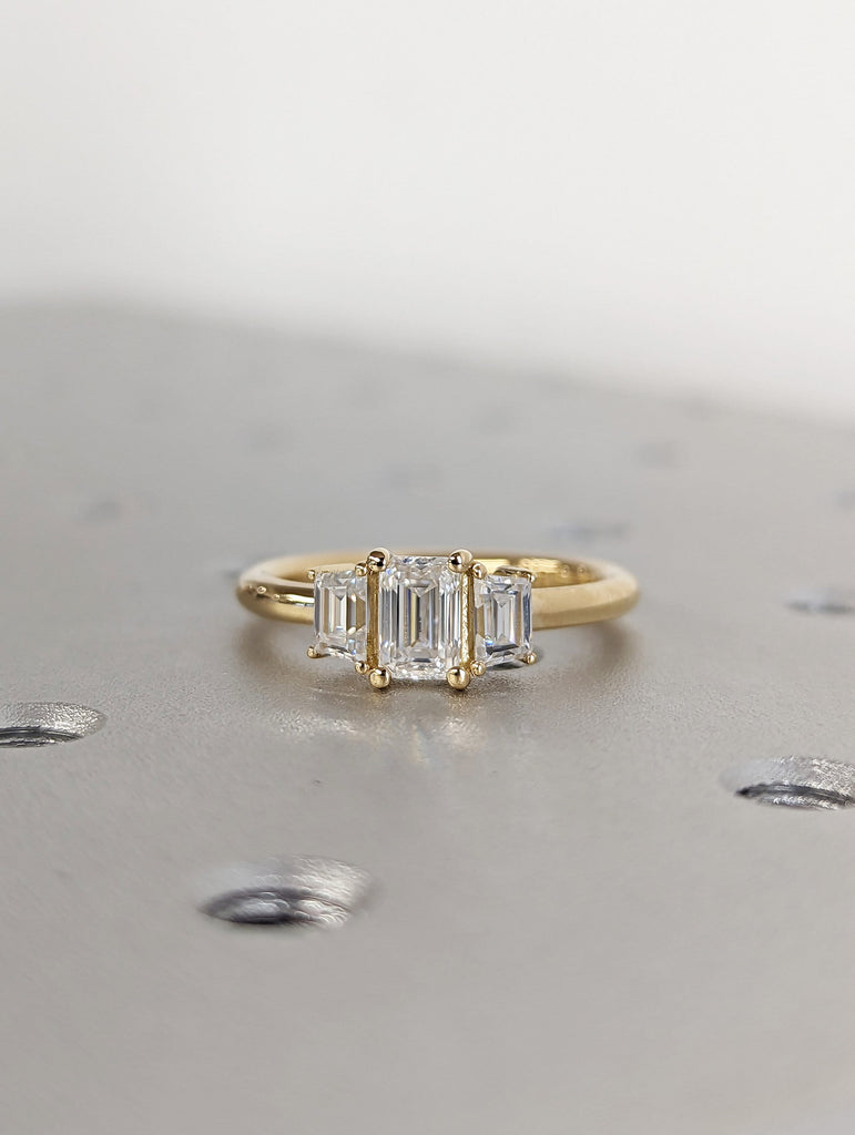 Three Stone Emerald Cut Moissanite Engagement Ring, Side Trapezoid Moissanite, Three Stone Engagement Ring, Emerald Cut and trapezoid Cut