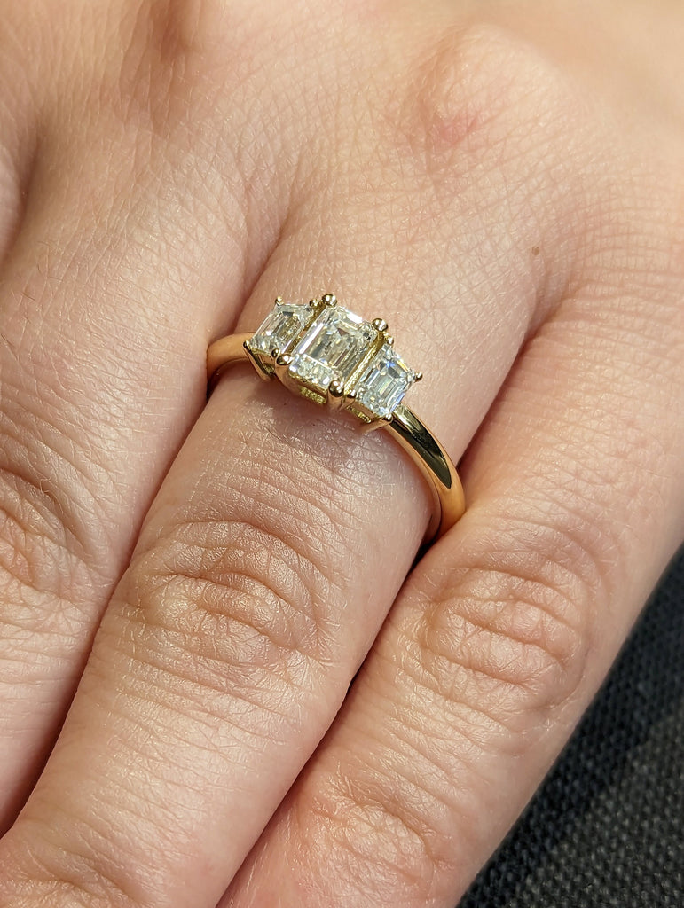 Three Stone Emerald Cut Moissanite Engagement Ring, Side Trapezoid Moissanite, Three Stone Engagement Ring, Emerald Cut and trapezoid Cut