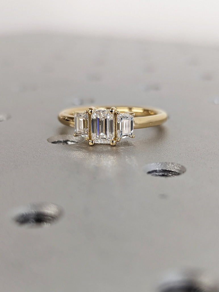 Three Stone Emerald Cut Moissanite Engagement Ring, Side Trapezoid Moissanite, Three Stone Engagement Ring, Emerald Cut and trapezoid Cut