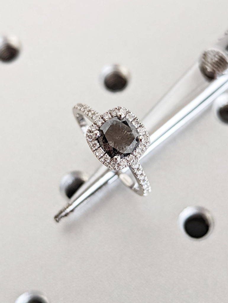 1.25 Ct Halo Engagement Ring, Cushion Cut Salt and Pepper Diamond, Statement Ring 14K Solid White Gold Classic Timeless Promise Wedding Ring