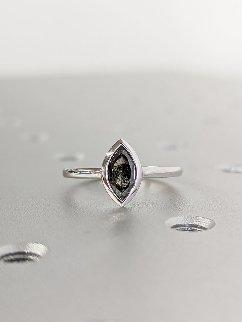 1920's Raw Salt and Pepper Diamond, Rose Cut Marquise Diamond Ring, Unique Engagement, Black, Gray Marquise, 14k Yellow, Rose, or White Gold