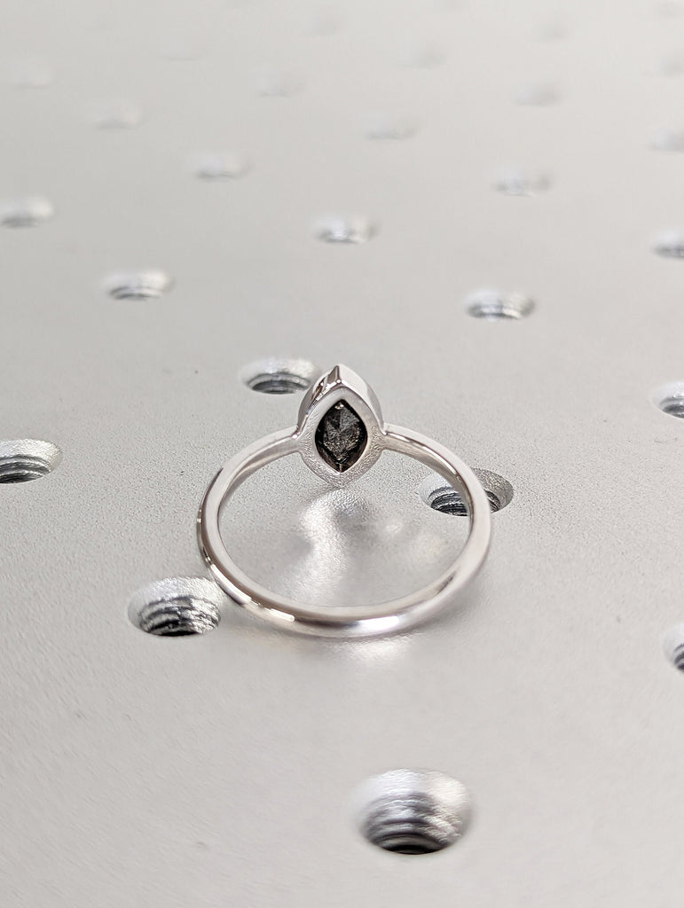 1920's Raw Salt and Pepper Diamond, Rose Cut Marquise Diamond Ring, Unique Engagement, Black, Gray Marquise, 14k Yellow, Rose, or White Gold