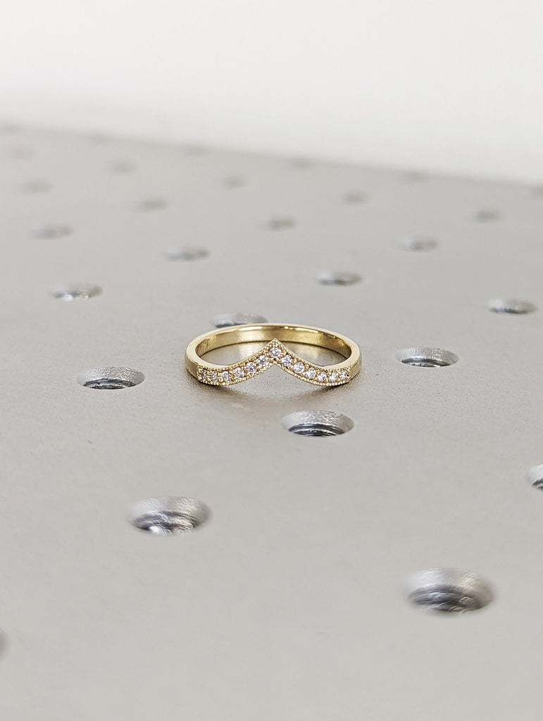Art Deco Diamond Wedding Band- 18K Solid Yellow Gold Ring- Milgrain Design Wedding Band- Matching Ring- Vintage Wedding Band- Gift For Her