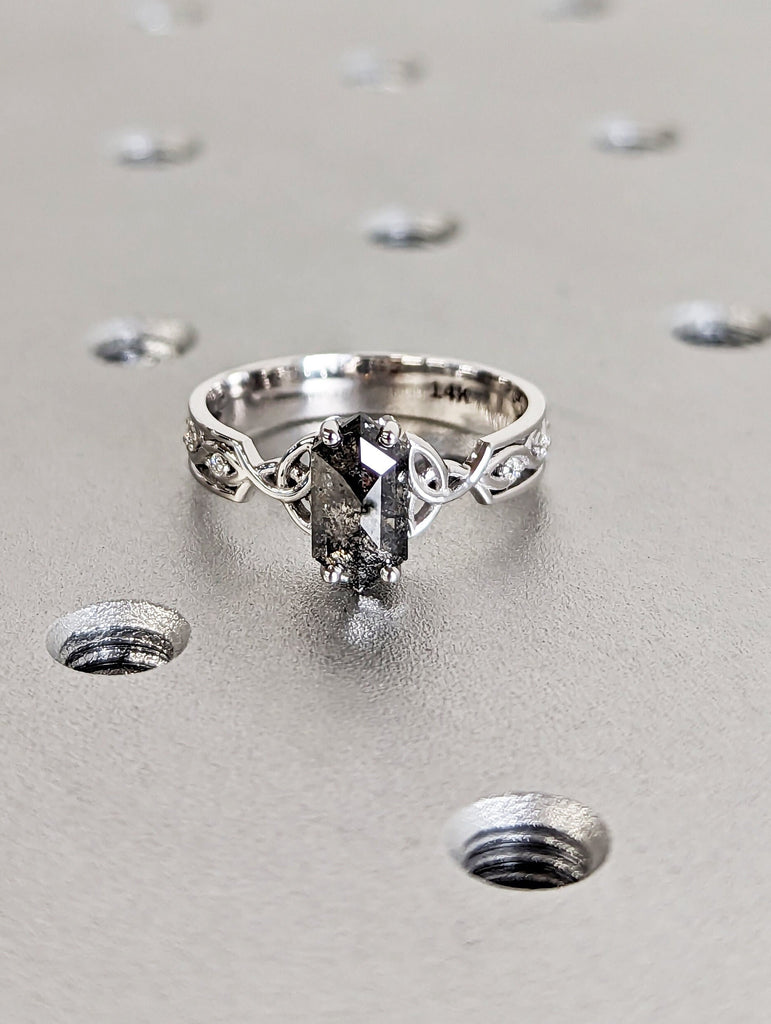 Vintage Long Hexagon Cut Salt and Pepper Engagement Ring Set Unique Gold Ring Diamond Wedding Ring Women Wedding Bridal Set Anniversary Gift