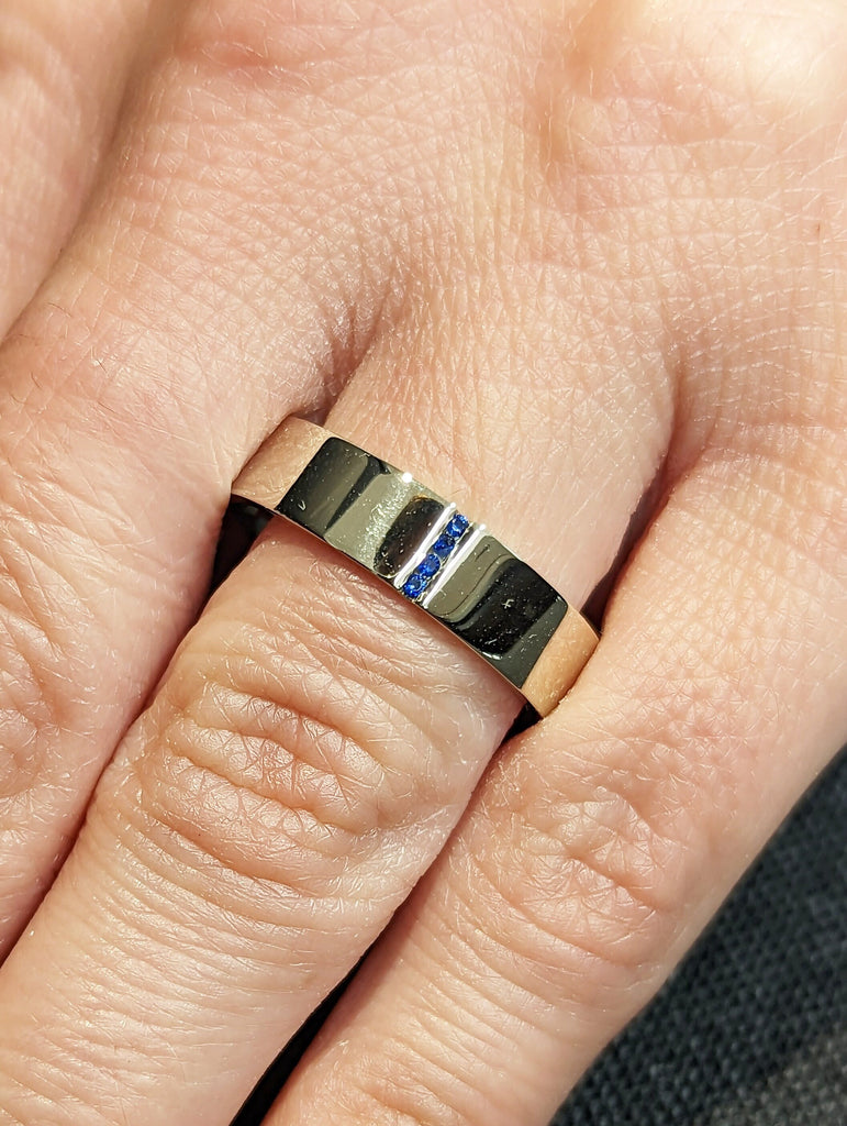 Gold Men's Sapphire Ring - Sapphire Ring Men - Sapphire Wedding Band - 5mm Band With Sapphires - Unique Mens Band - 14k Gold - Ring For Men