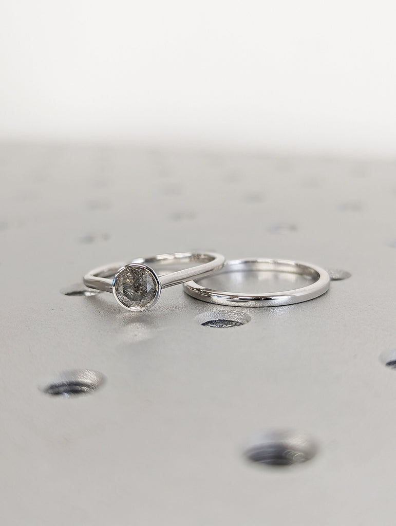 Round Bezel Solitaire Ring Brilliant Cut Galaxy Salt And Pepper Diamond Engagement Ring Dainty Promise Ring Solitaire Bezel Ring Set