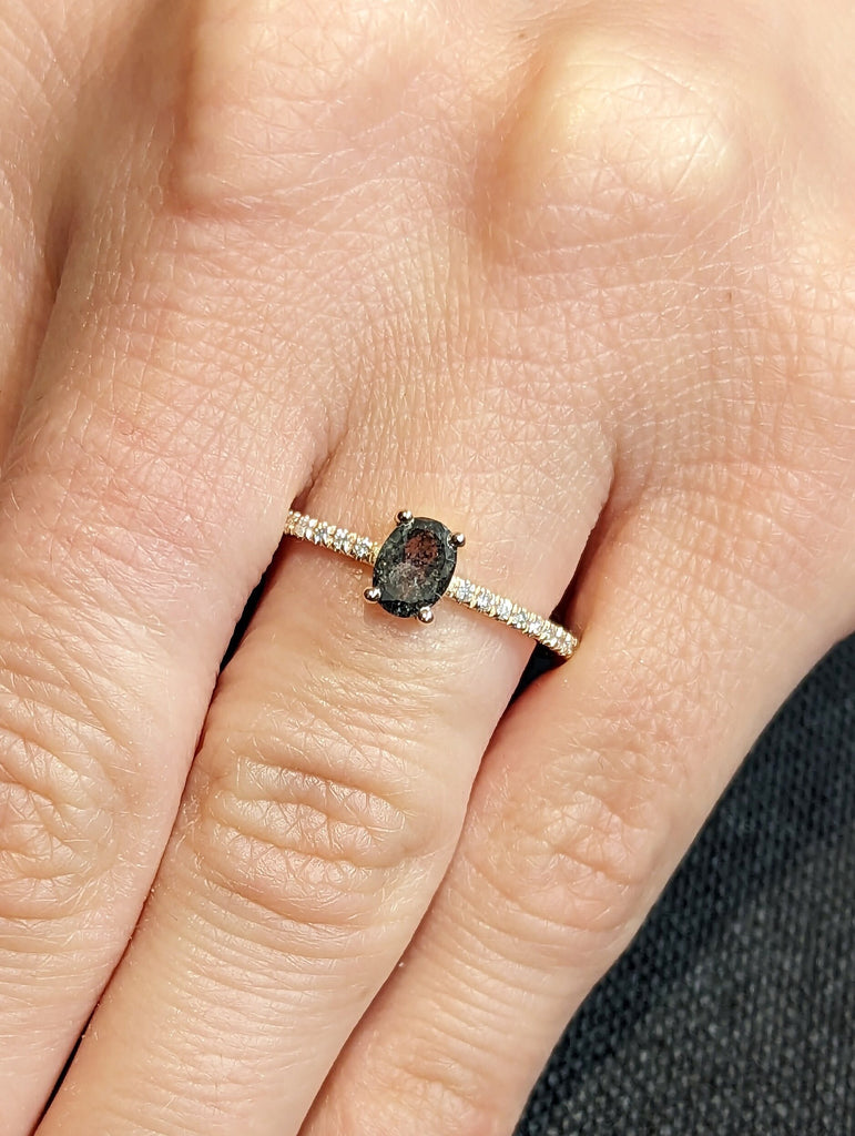 1920's Raw Salt and Pepper Diamond, Oval Diamond Ring, Unique Engagement Bridal Set, Black, Gray Oval, 14k Yellow, Rose, Black or White Gold