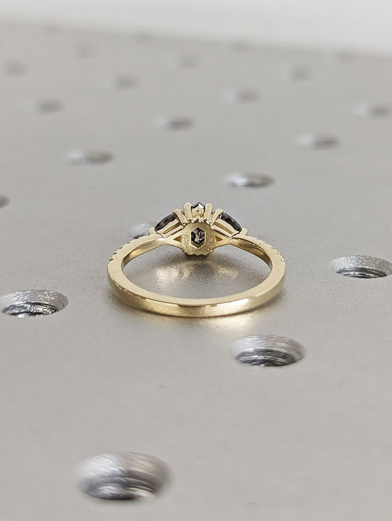 Raw Diamond Hexagon Triangle Diamond, Salt and Pepper, Unique Engagement Ring, Rose Cut Geometric Diamond Ring, 14k Gold, Custom Handmade