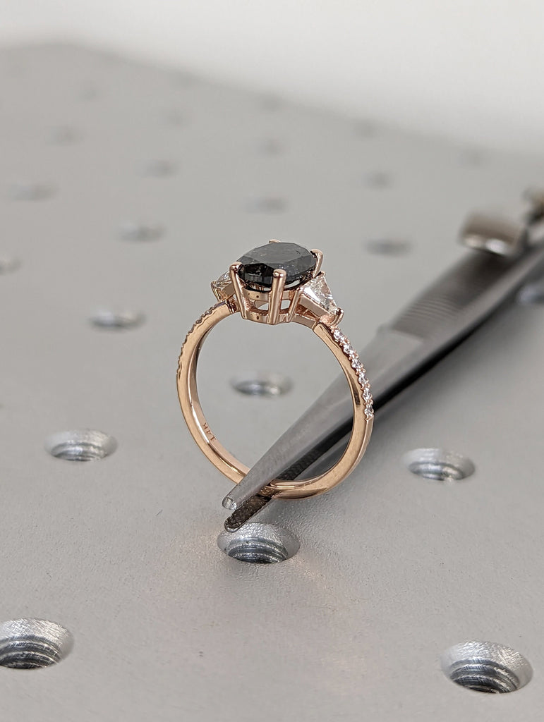 Raw Diamond Oval Triangle Diamond, Salt and Pepper, Unique Engagement Ring, Rose Cut Geometric Diamond Ring, 14k Gold, Custom Handmade