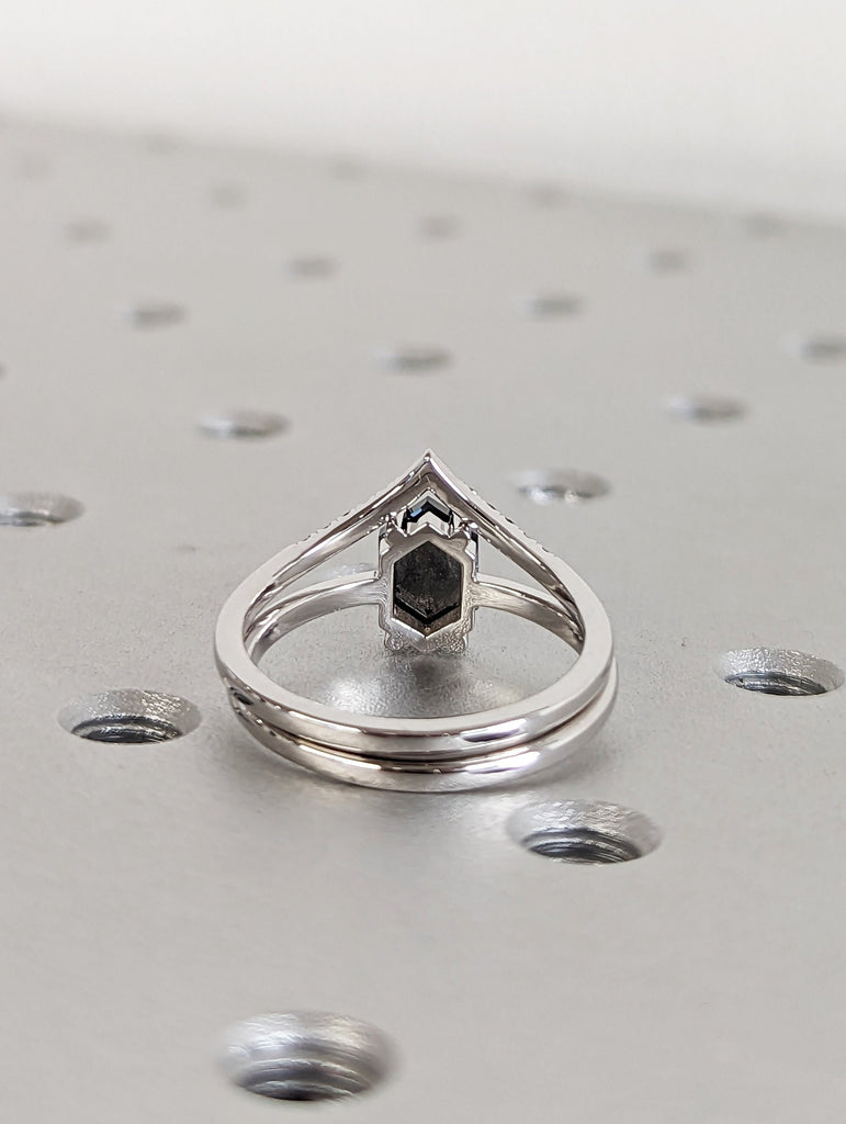 Raw Diamond, Salt and Pepper, Hexagon, Unique Engagement Ring, Bridal Set, Rose Cut Geometric Diamond Ring, 14k Solid Gold, Custom Handmade