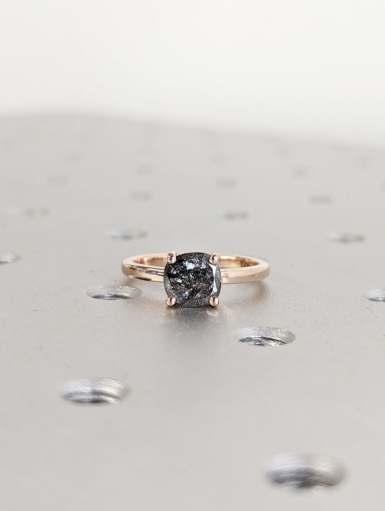 1920's Raw Salt and Pepper Diamond, Rose Cut Cushion Diamond Ring, Unique Engagement, Black, Gray Pear, 14k Yellow, Rose, or White Gold