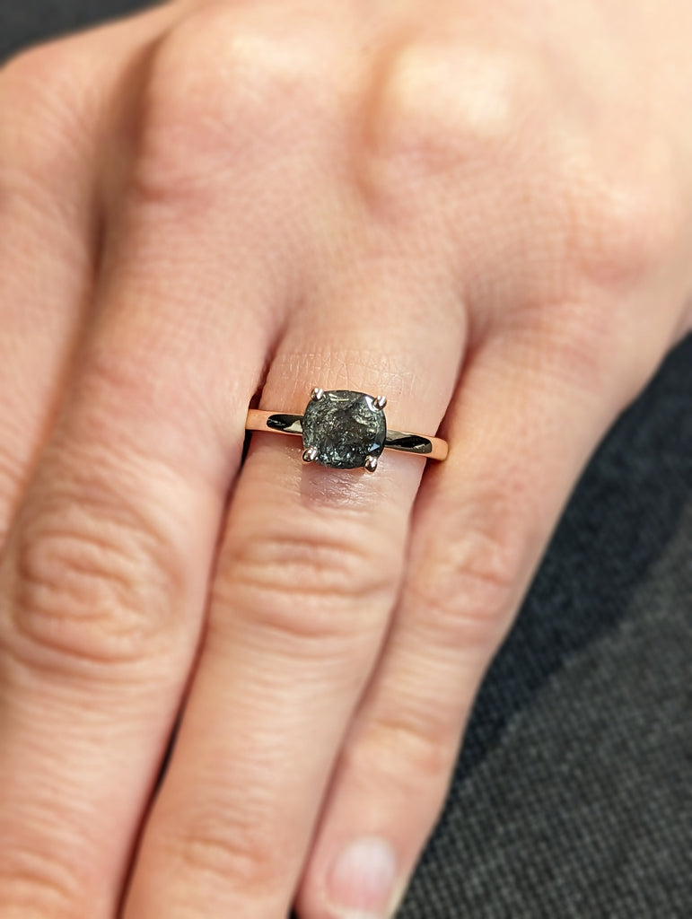 1920's Raw Salt and Pepper Diamond, Rose Cut Cushion Diamond Ring, Unique Engagement, Black, Gray Pear, 14k Yellow, Rose, or White Gold