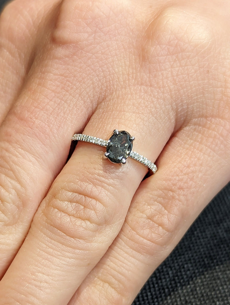 1920's Raw Salt and Pepper Diamond, Oval Diamond Ring, Unique Engagement Bridal Set, Black, Gray Oval, 14k Yellow, Rose, Black or White Gold