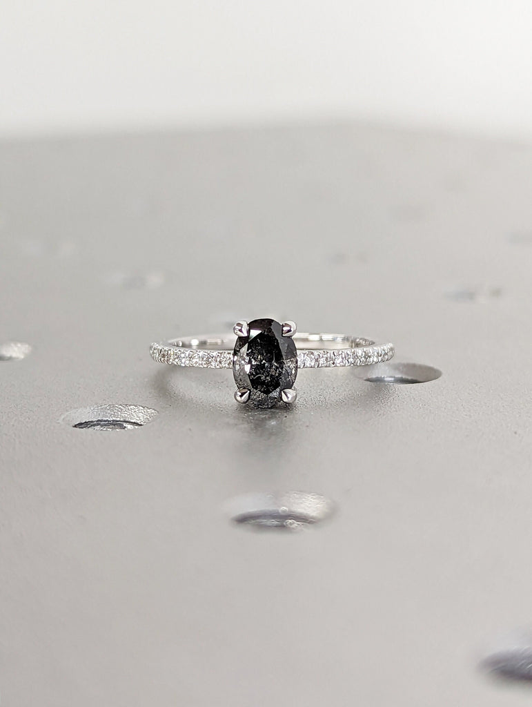 1920's Raw Salt and Pepper Diamond, Oval Diamond Ring, Unique Engagement Bridal Set, Black, Gray Oval, 14k Yellow, Rose, Black or White Gold