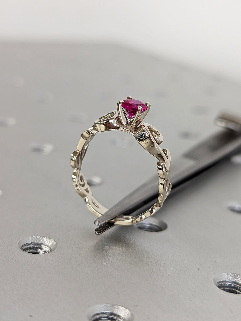 Vintage Ruby engagement ring leaf flower ring alternative ring solid white gold ring art deco promise ring prong set unique anniversary ring