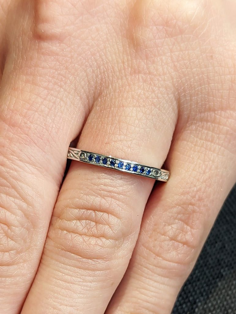 Blue Sapphire Ring 14K Gold Wedding Band September Birthstone Filigree Band White Gold Vintage Band Band Art Deco Band Simple Stackable Band