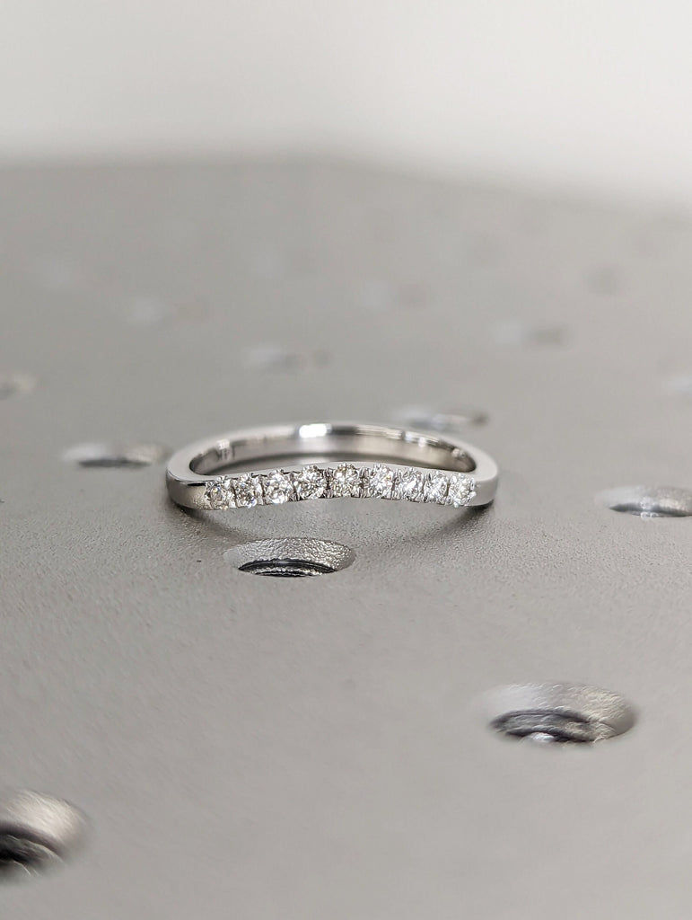 Delicate Diamond Wedding Band White Gold Round Diamond Curved Matching Band Antique Stacking Band Dainty Engagement Ring Simple Bridal Ring