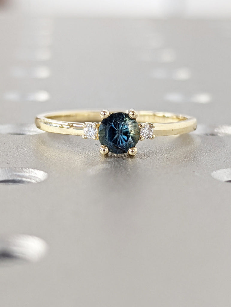 Dainty Blue Green Sapphire Ring with Diamond , Teal Sapphire Engagement Ring , Alternative Engagement Ring , Diamond Ring , Solid Gold Ring