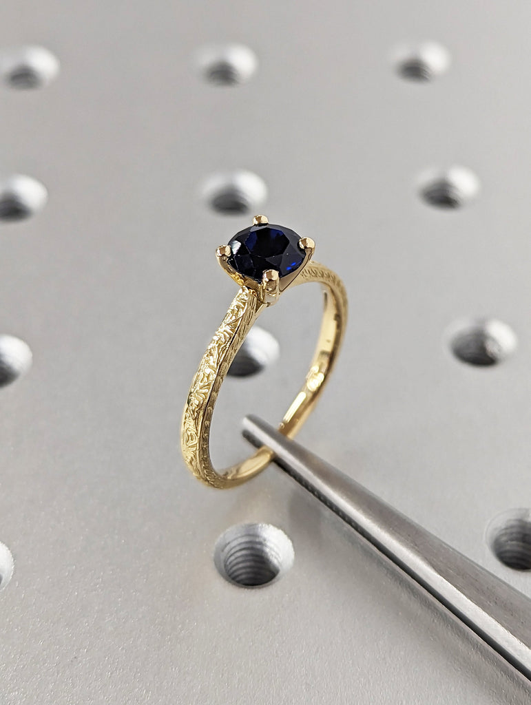 6.5mm Blue Sapphire Engagement Ring, Vintage Inspired Sapphire Ring, Rose/Yellow/White/Black Gold Round Sapphire Ring, Simple Promise Ring