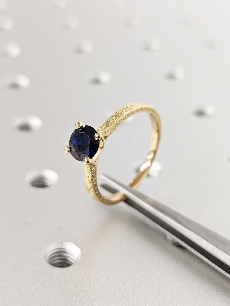 6.5mm Blue Sapphire Engagement Ring, Vintage Inspired Sapphire Ring, Rose/Yellow/White/Black Gold Round Sapphire Ring, Simple Promise Ring