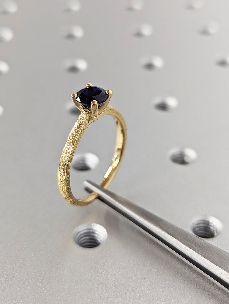 6.5mm Blue Sapphire Engagement Ring, Vintage Inspired Sapphire Ring, Rose/Yellow/White/Black Gold Round Sapphire Ring, Simple Promise Ring