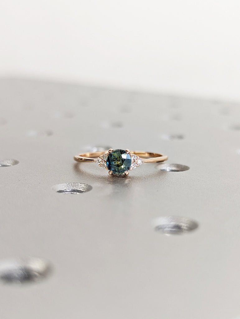 Peacock Sapphire engagement ring vintage Round cut blue green sapphire rose gold teal sapphire diamond cluster ring moissanite Anniversary
