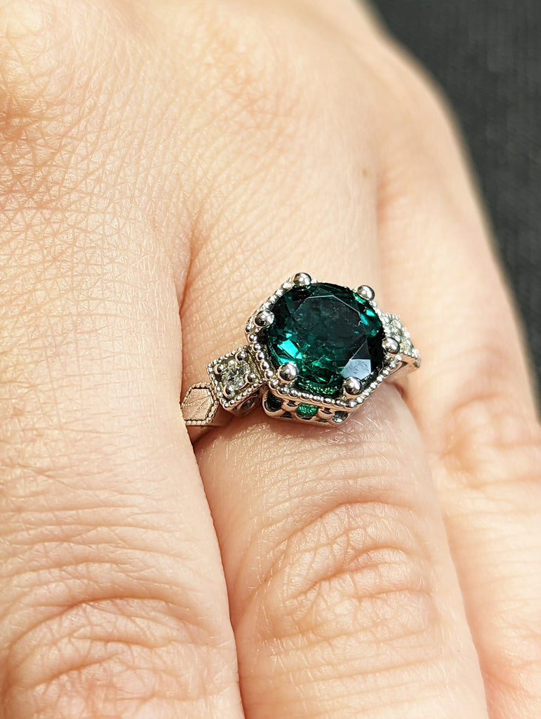 Emerald ring vintage emerald engagement ring 14k black gold ring gift unique antique wedding promise anniversary ring for her