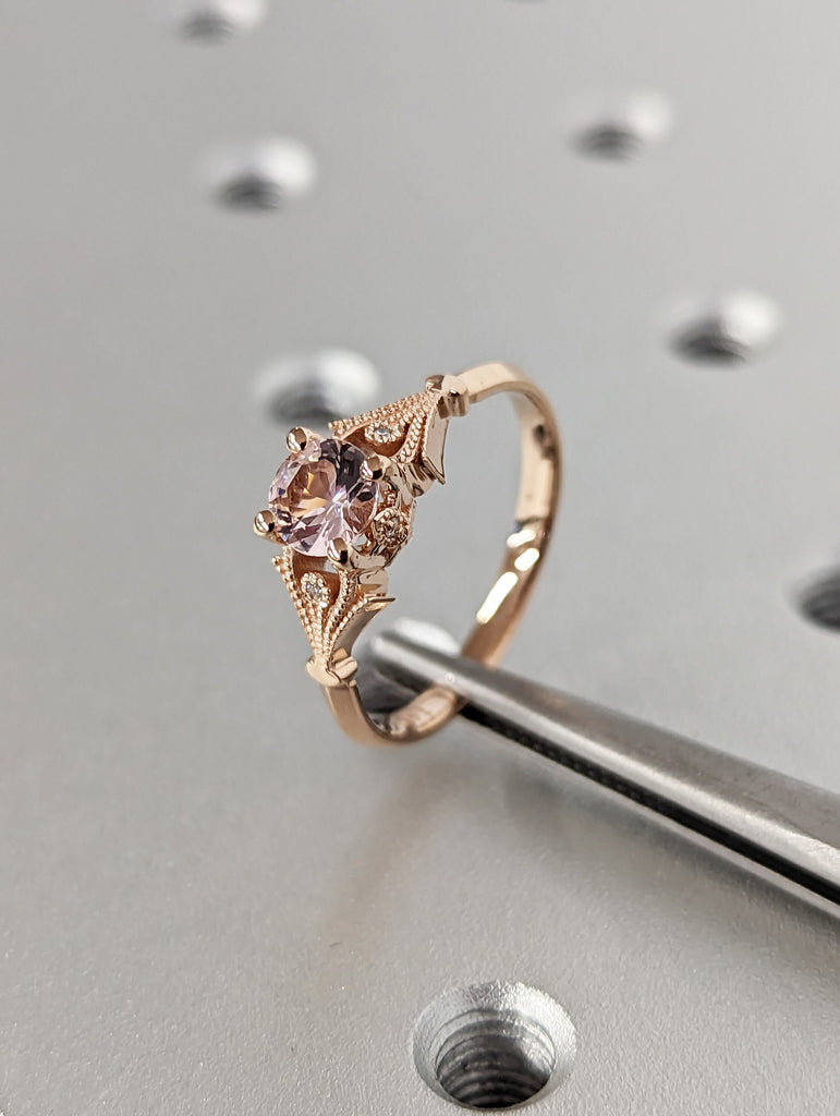 Vintage Engagement Ring Pink Morganite 14k Rose Gold, Unique Engagement Ring For Women, Art Deco Ring, Simple Promise Ring, Anniversary Ring