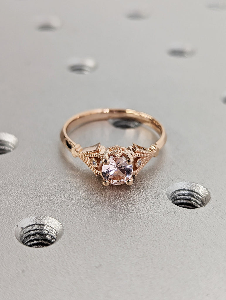 Vintage Engagement Ring Pink Morganite 14k Rose Gold, Unique Engagement Ring For Women, Art Deco Ring, Simple Promise Ring, Anniversary Ring