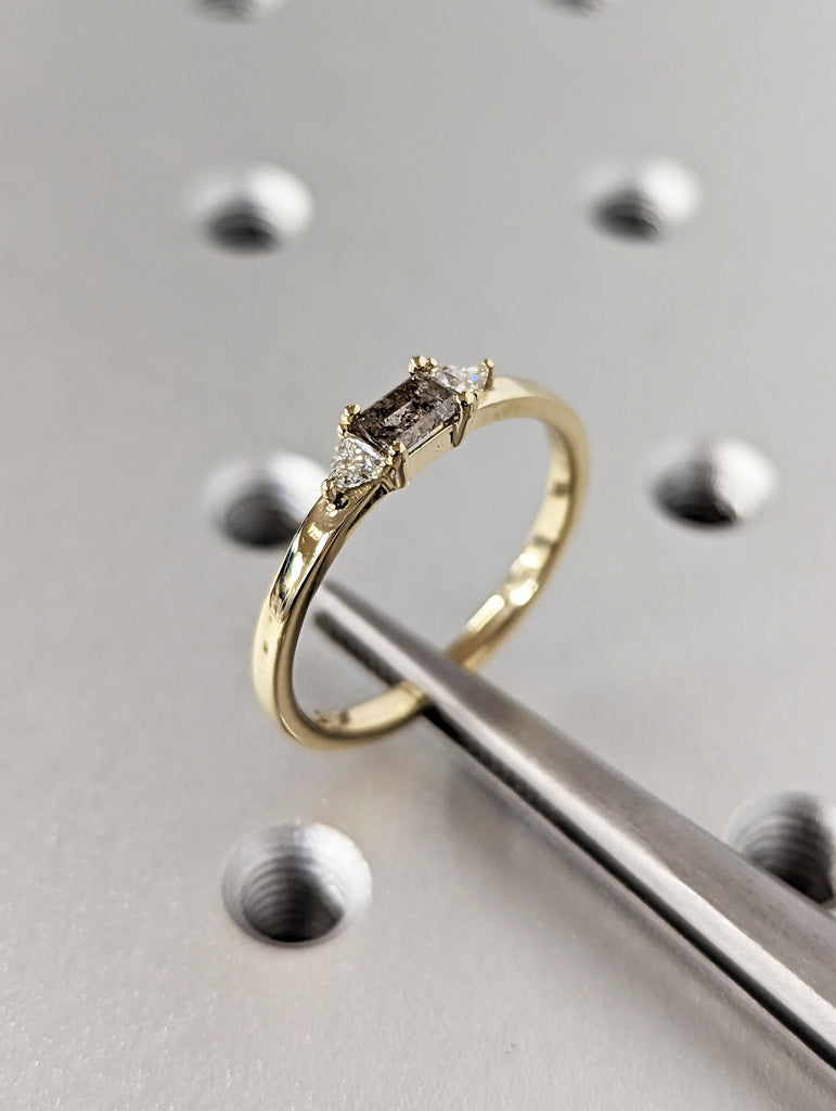 Baguette Salt and Pepper Diamond Ring, Half Eternity Baguette Diamond Wedding Band, Stacking Ring, galaxy diamond baguette ring, minimalist