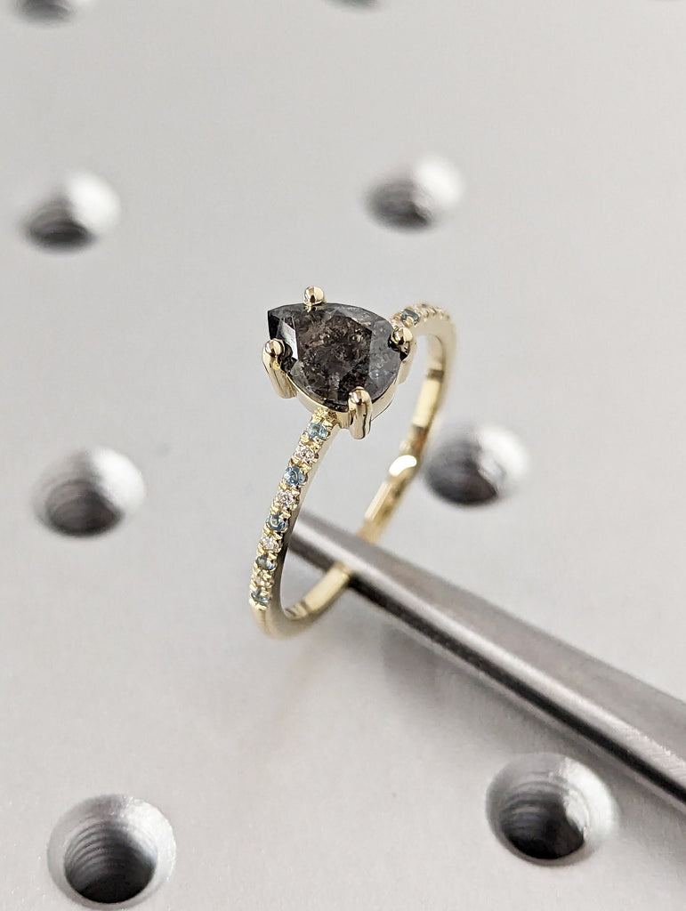 1.25ct 1920's Raw Salt and Pepper Diamond, Pear Diamond Ring, Unique Engagement Ring, 14k 18k Yellow, Rose, Black or White Gold, Aquamarine