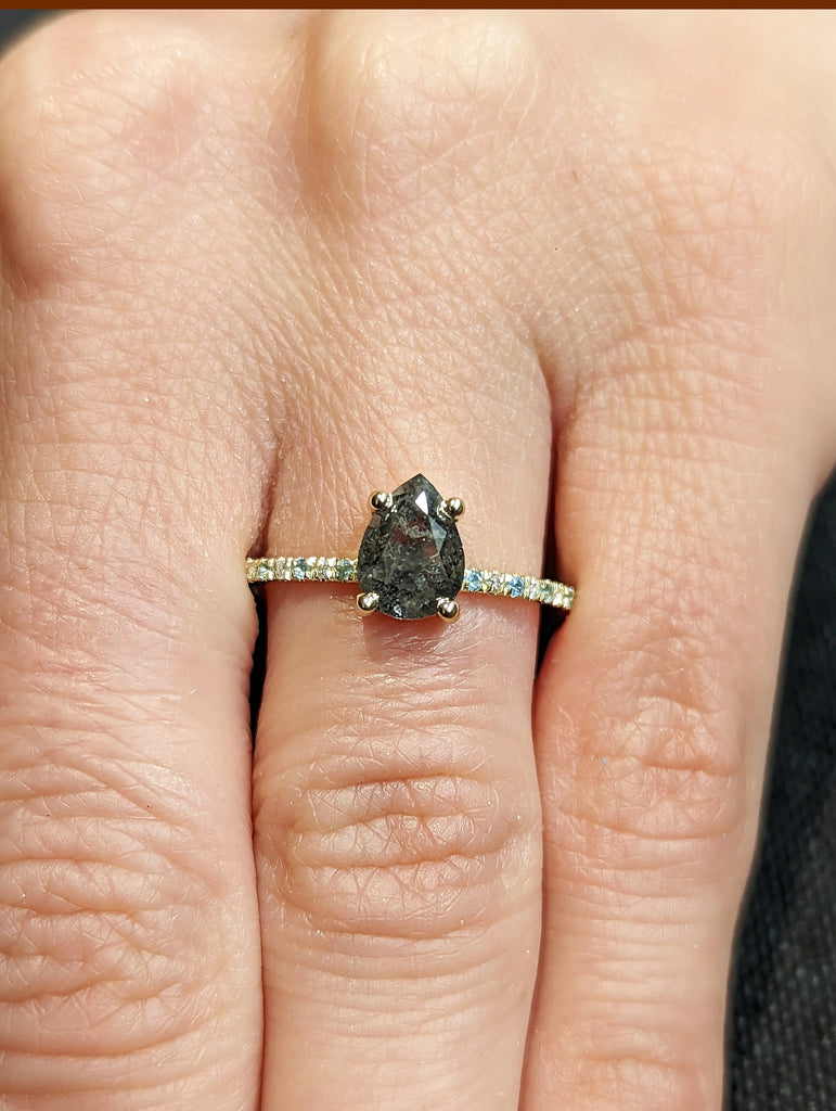 1.25ct 1920's Raw Salt and Pepper Diamond, Pear Diamond Ring, Unique Engagement Ring, 14k 18k Yellow, Rose, Black or White Gold, Aquamarine