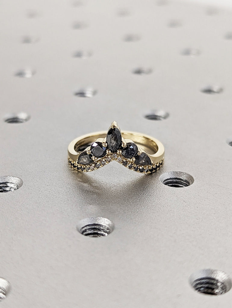 Cluster Ring in 14k Gold / Diamond Cluster Ring / Unique Diamond Stackable Ring / Diamond Wedding Band / Salt and Pepper / Mothers Day Sale