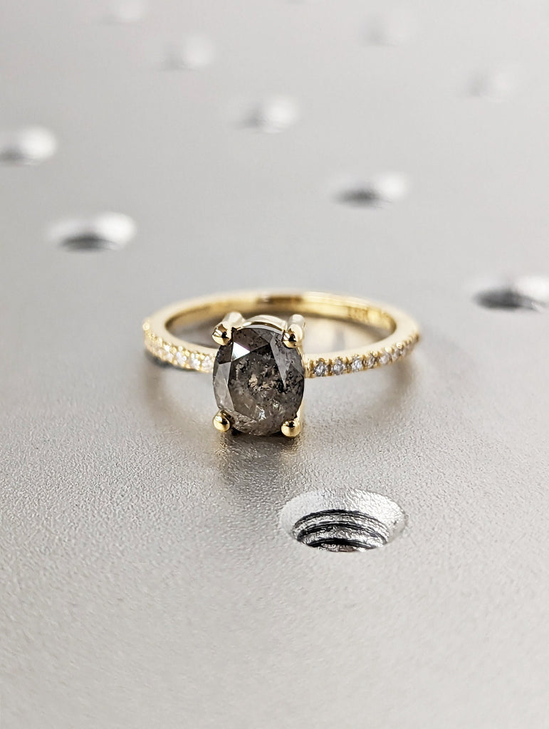 1920's Raw Salt and Pepper Diamond, Oval Diamond Ring, Unique Engagement Bridal Set, Black, Gray Oval, 18k Yellow, Rose, Black or White Gold