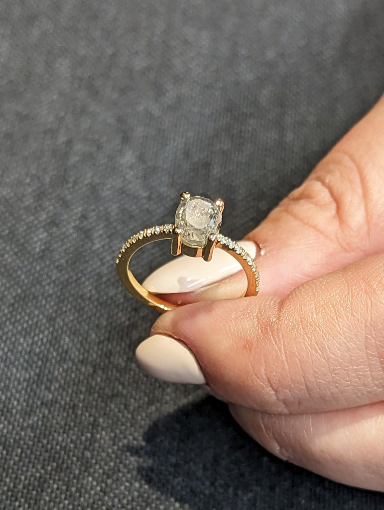 1920's Raw Salt and Pepper Diamond, Oval Diamond Ring, Unique Engagement Bridal Set, Black, Gray Oval, 18k Yellow, Rose, Black or White Gold