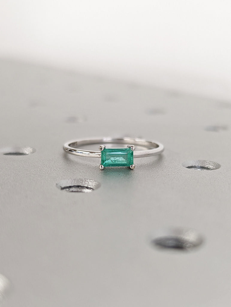 Emerald Ring, Baguette Emerald Ring, 14k Solid White Gold Minimalist Emerald Ring, Stacking Emerald Ring, Emerald Jewelry, May Birthstone