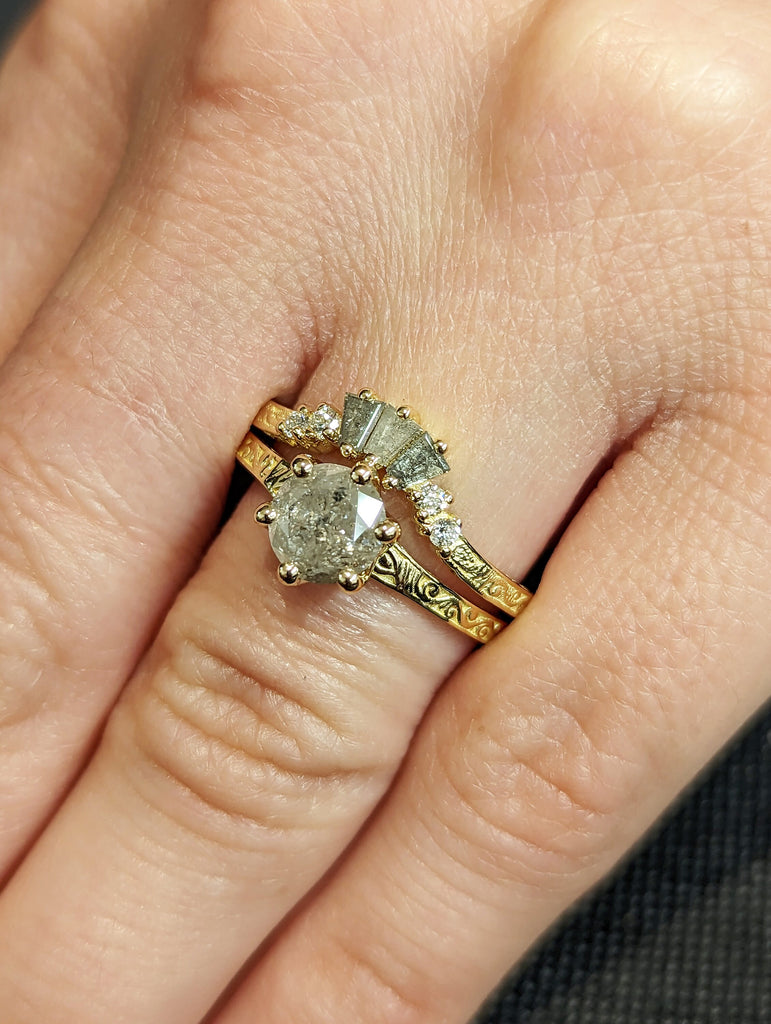 Raw Salt and Pepper Diamond Rose /White /Yellow / Black Gold Engagement Ring Art Deco 1920's Inspired Thin Petite Band Unique Ring for Her