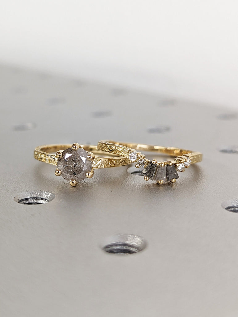 Raw Salt and Pepper Diamond Rose /White /Yellow / Black Gold Engagement Ring Art Deco 1920's Inspired Thin Petite Band Unique Ring for Her