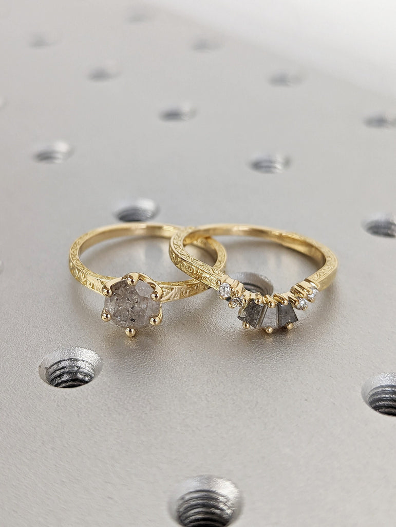 Raw Salt and Pepper Diamond Rose /White /Yellow / Black Gold Engagement Ring Art Deco 1920's Inspired Thin Petite Band Unique Ring for Her