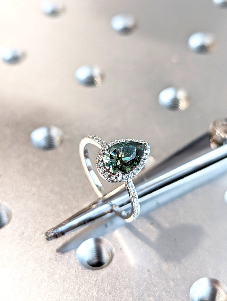 Pear Green Blue Moissanite Engagement Ring, Heavenly Halo Wedding Ring, Cyan Blue Moissanite Ring, Ring for Women, Anniversary Gift Ring