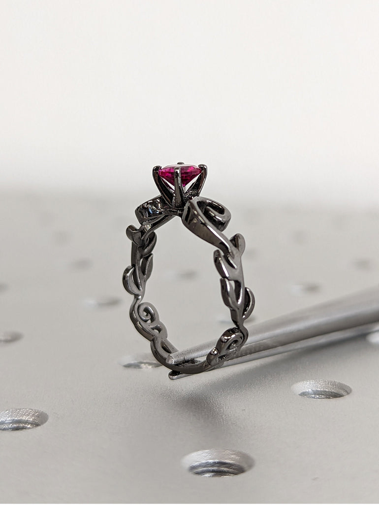 Vintage Ruby engagement ring leaf flower ring alternative ring solid white gold ring art deco promise ring prong set unique anniversary ring