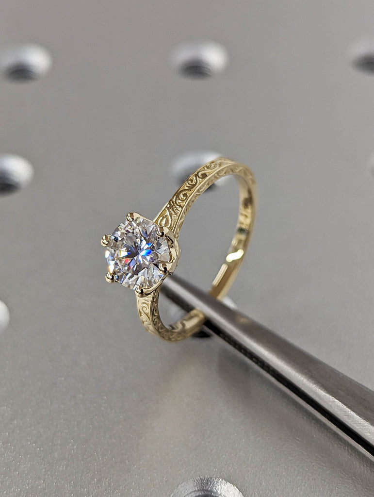 Colorless Moissanite 14k Rose /White /Yellow Gold Engagement Ring Art Deco 1920's Inspired Thin Petite Band 18k Unique Promise Ring for Her