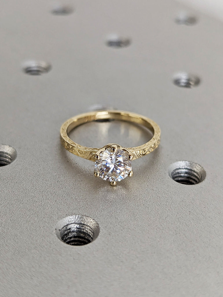 Colorless Moissanite 14k Rose /White /Yellow Gold Engagement Ring Art Deco 1920's Inspired Thin Petite Band 18k Unique Promise Ring for Her