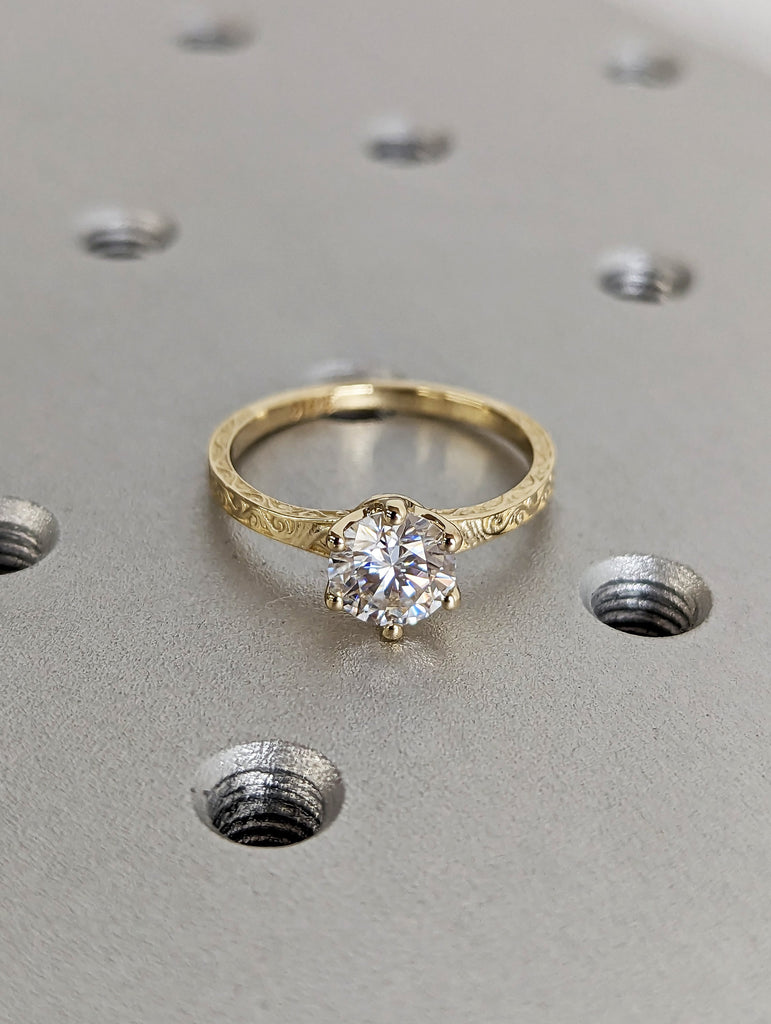 Colorless Moissanite 14k Rose /White /Yellow Gold Engagement Ring Art Deco 1920's Inspired Thin Petite Band 18k Unique Promise Ring for Her