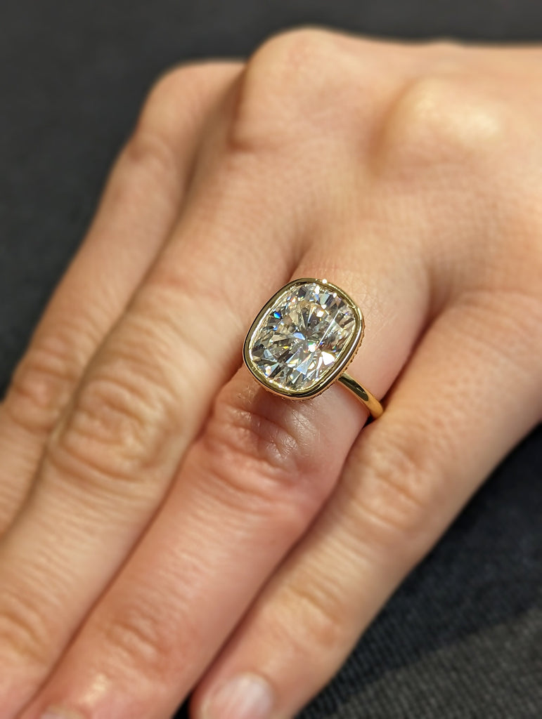 4 CT Excellent Cushion Cut Moissanite Ring / Bezel Setting Solitaire Ring / 14K Yellow Gold Wedding Bezel Ring / Engagement Ring For Her