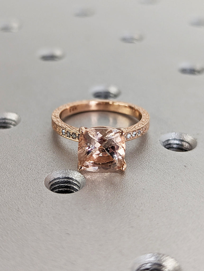 Cushion Cut Morganite Engagement Ring Set Rose Gold Pink Morganite Wedding Ring Set Diamond Filigree Carved Wedding Band Women Bridal Set