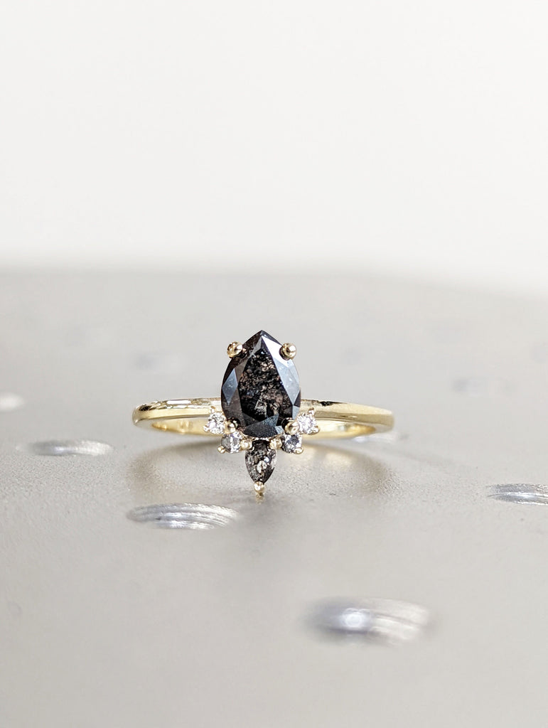 Vintage Salt and Pepper Diamond Engagement Ring Yellow Gold Antique Pear cut ring Bridal Diamond Art deco Wedding Ring Anniversary ring