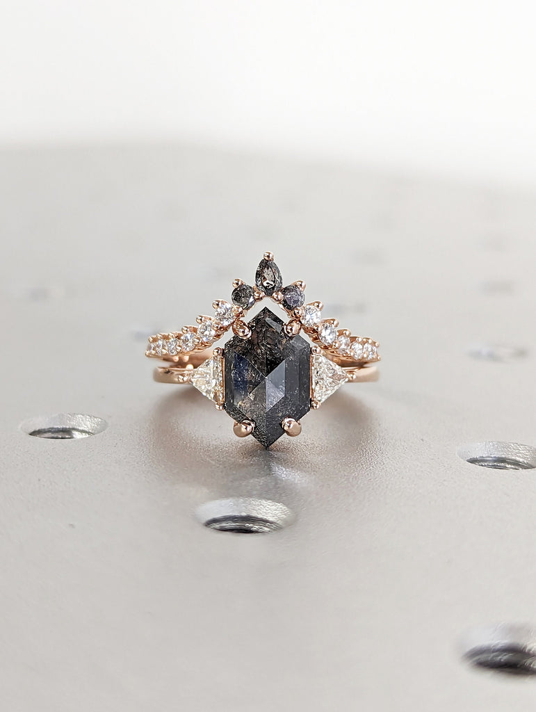 Raw Diamond Hexagon Triangle Diamond, Salt and Pepper, Plain Unique Bridal Engagement Set, Hexagon Cut Geometric Diamond Ring, Custom Ring