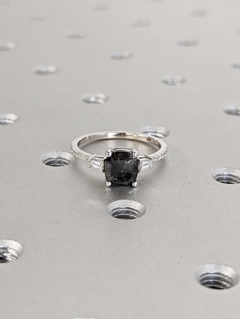 Raw Diamond Cushion Baguette Diamond, Salt and Pepper, Unique Engagement Ring, Rose Cut Geometric Diamond Ring, 14k Gold, Custom Handmade
